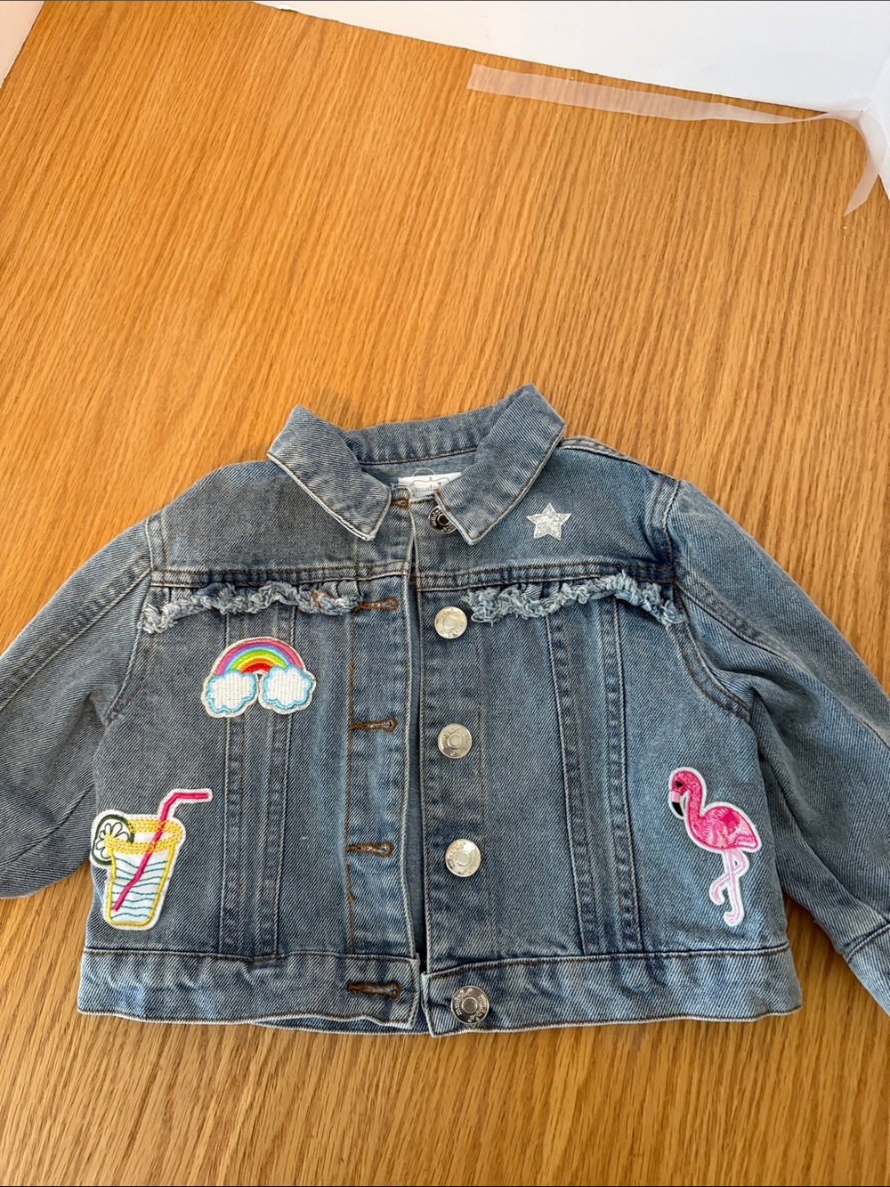 Mud Pie Girls Blue Denim Jacket with Rainbow, Flamingo & Drink Patches